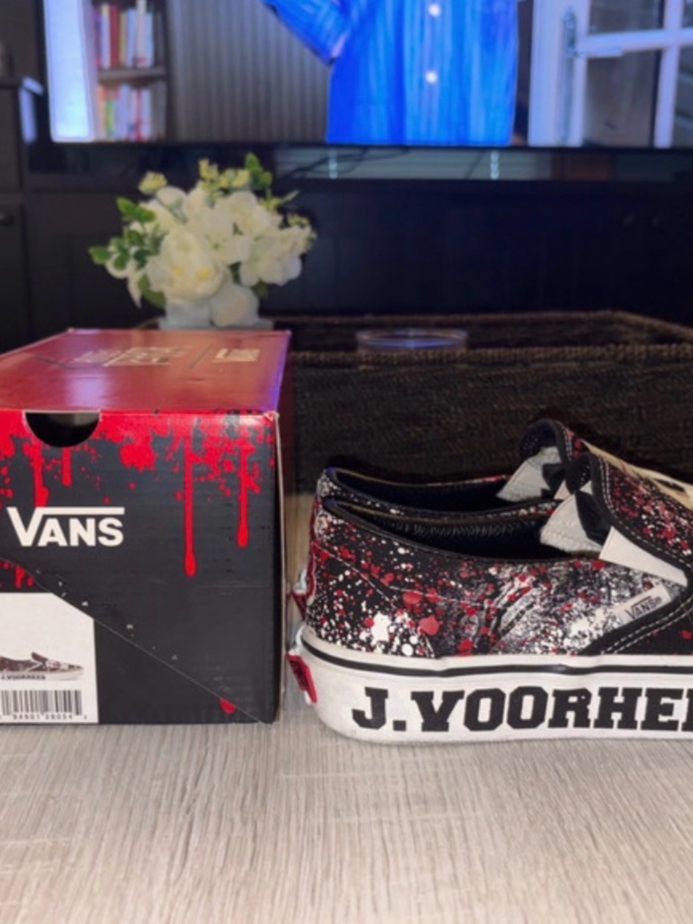 Vans Kids Slip-On Sneakers in Black, Red & White Paint-Splatter